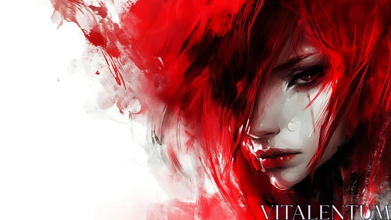 Scarlet-haired muse dissolving into explosive crimson strokes.