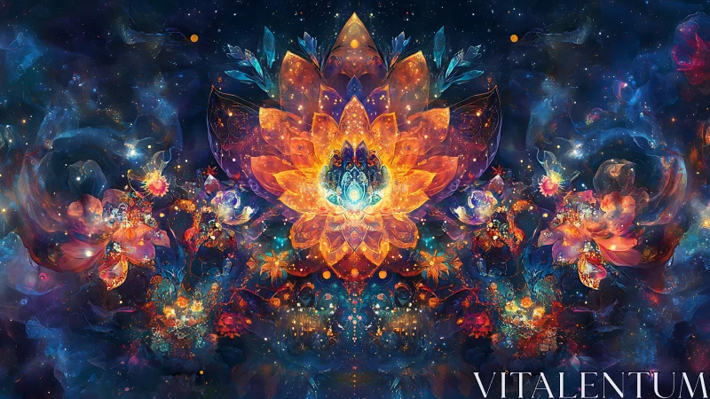 Cosmic lotus blooms radiate neon light across deep space.