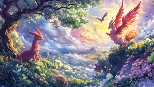 Winged fox creature greets grounded fox in sunrise valley