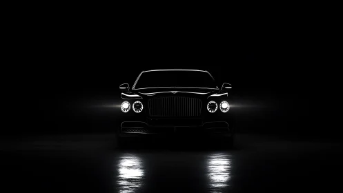 Frontlit luxury sedan silhouette emerges from deep darkness