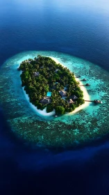 Tropical island atoll surrounded by turquoise coral reef waters