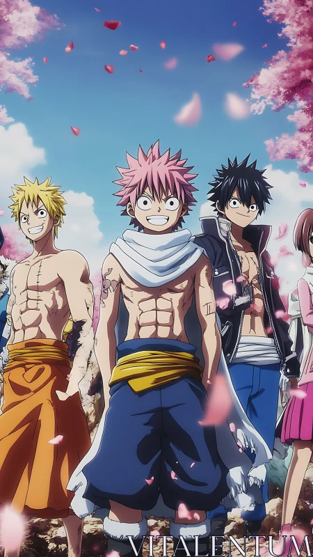 Anime trio under sakura canopy with dynamic petal motion.