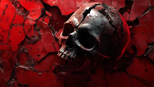 Human skull model embedded in fractured red textured surface