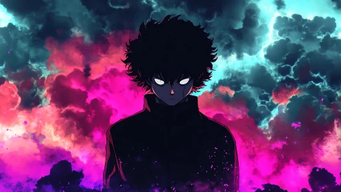 Storm-eyed psychic drifter before neon riot clouds.