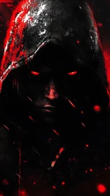 Hooded shadow with burning red eyes emerges from darkness