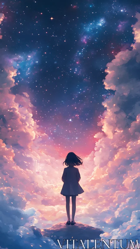 Silhouetted girl studies a luminous starfield amid pastel clouds