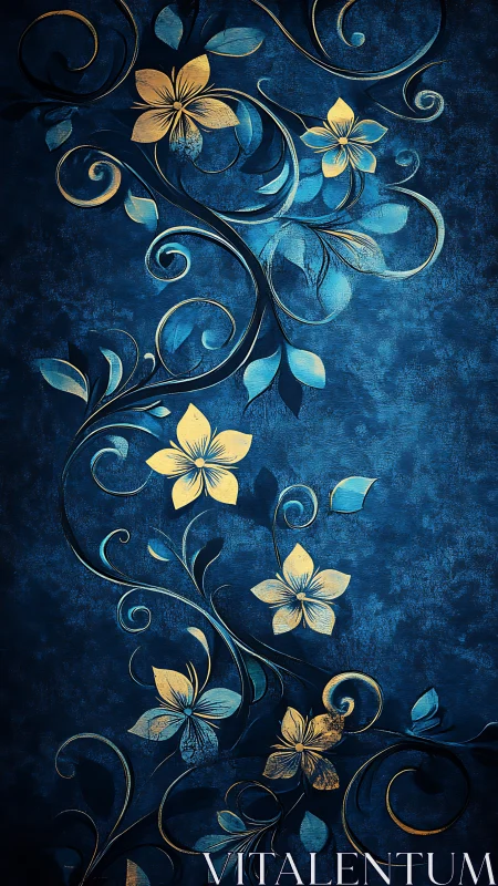 Ornamental Botanical Scrollwork on Deep Blue Textured Background.