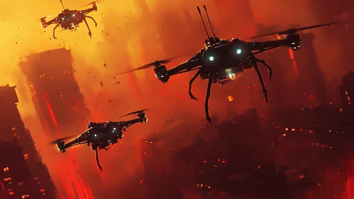 Multiple armed drones traverse a dense, burning cityscape