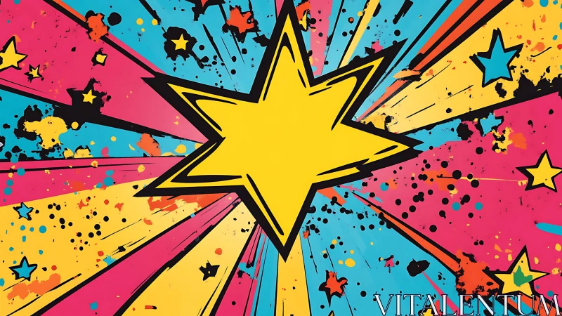 Exploding comic star blasts across neon splatter background.