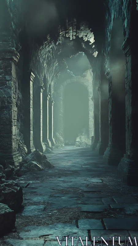 Mist-drenched ruins whisper quietly along a fading corridor