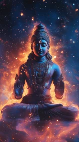 Cosmic blue deity meditates within radiant stellar fire