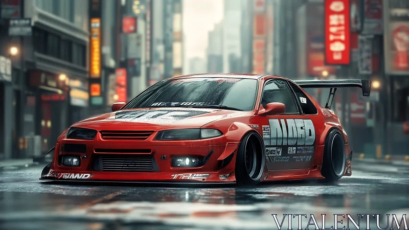 Rain-slicked street racer prowls neon city canyons at dusk.