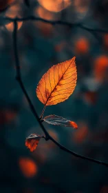 Glowing autumn leaf resting softly in twilight calm.