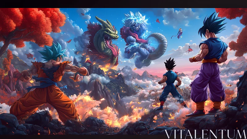 High-energy anime battle over volcanic canyon with summoned dragon