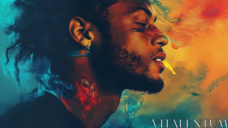 Profile portrait with abstract color clouds surrounding figure.