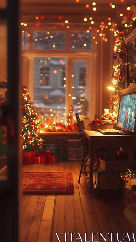 Cozy home office glows with warm Christmas lights