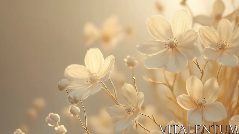 Delicate cream cosmos flowers illuminated by diffused backlighting