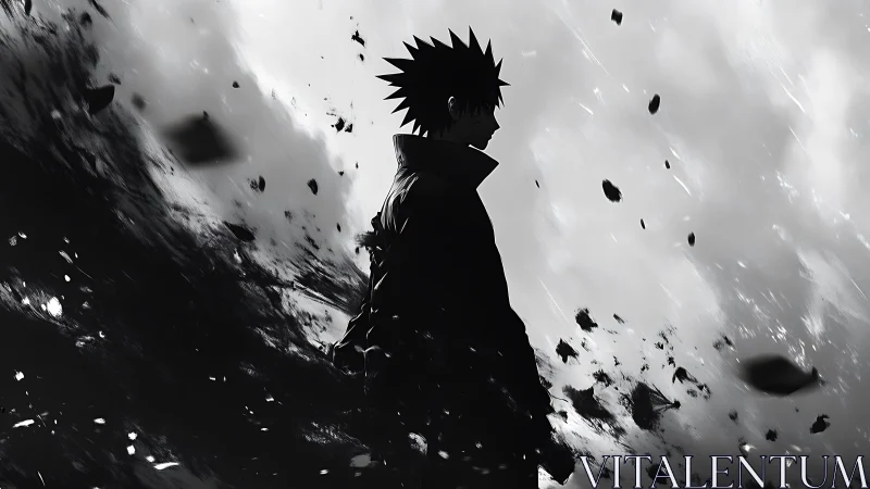 Solitary spiky haired figure stands amid swirling black debris