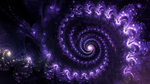 Violet fractal spiral with glowing cosmic light patterns.