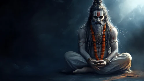 Stormlit ascetic in silent trance, crowned with ember beads.