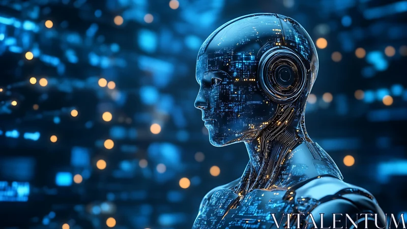 Metallic humanoid robot profile shows integrated circuit surfaces