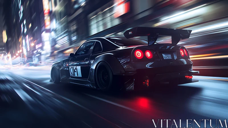 Street racer coupe blasting through neon city night.