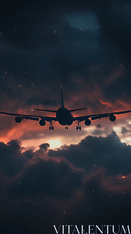 Airliner silhouette descending through turbulent, backlit storm cloud layers