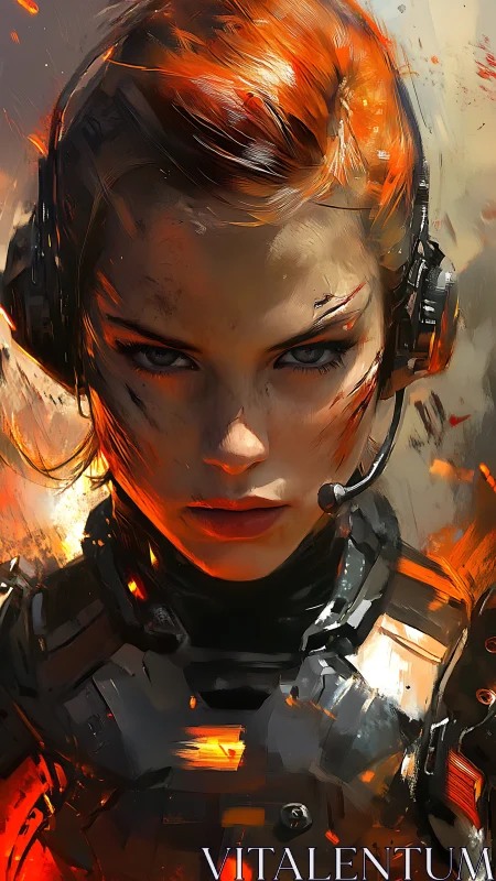 Intense cyber soldier portrait with fiery orange hair.