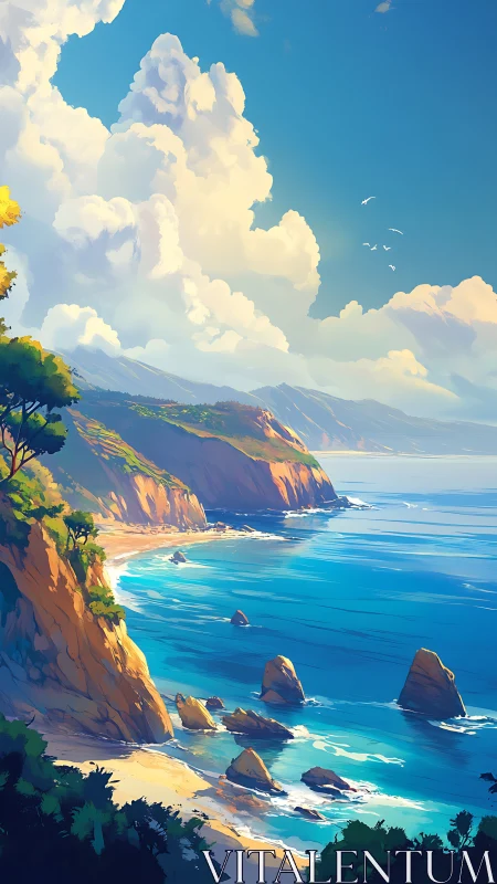 Sunlit cliffs and bright blue waves along a calm coast.