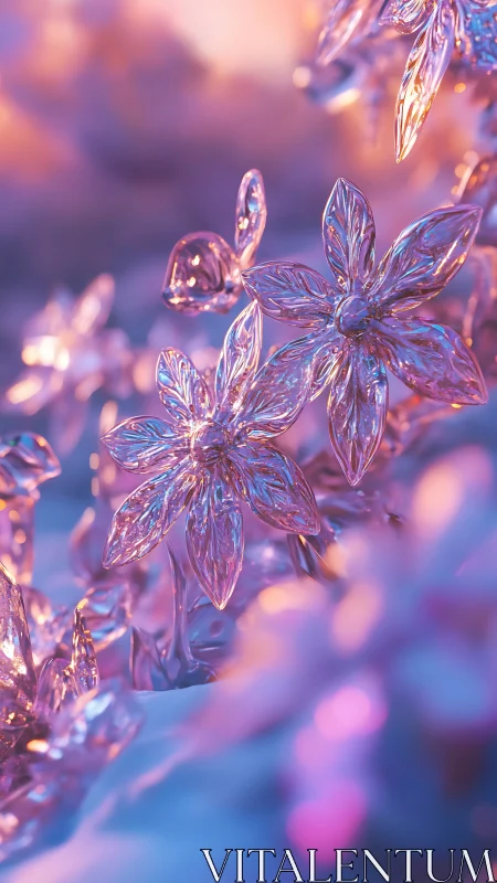 Iridescent crystalline flowers with bokeh in pastel dusk light