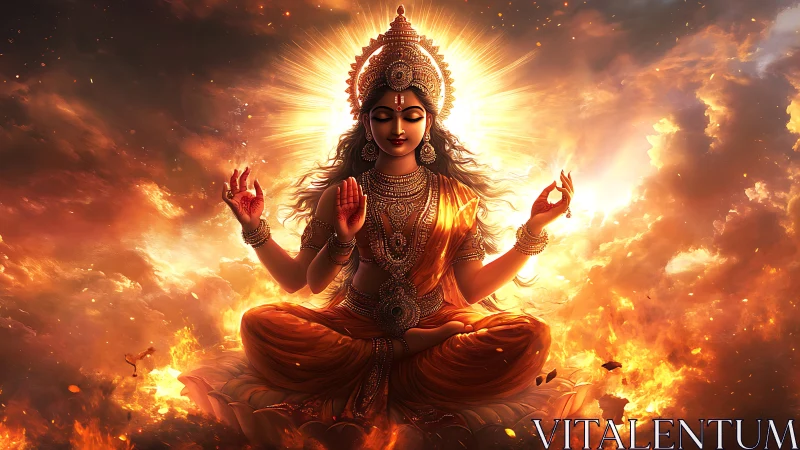 Goddess figure meditates in radiant fire-lit clouds