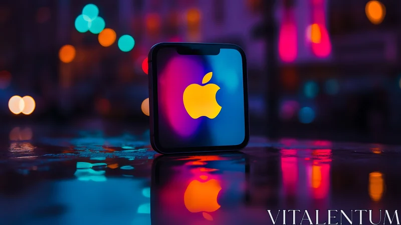 Apple iPhone displaying logo with neon gradient background urban setting