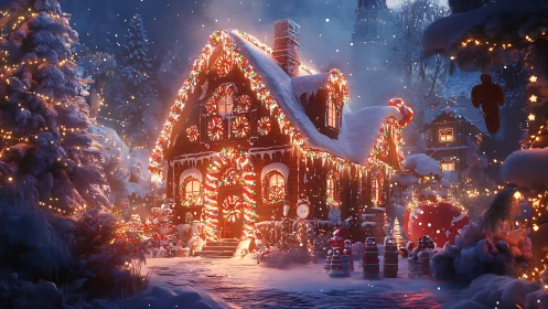 Candy windows and snowlit gingerbread glow through winter hush