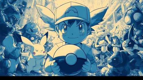 Young trainer commands a blue-tinted legion of creatures.