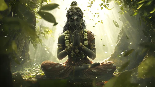 Divine figure meditates in forest clearing under volumetric light