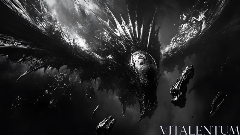 Monolithic biomechanoid warship disintegrates in high-contrast void