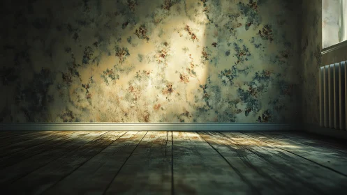 Sunlit distressed wallpaper over worn wooden floorboards.