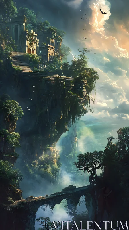Ancient cliffside citadel rises above a misty fantasy valley.