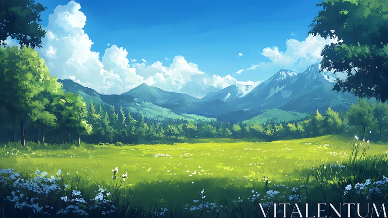 Digital landscape shows open meadow with distant mountain range