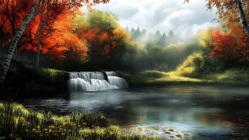 Autumn forest waterfall glows under soft diffused sunlight.