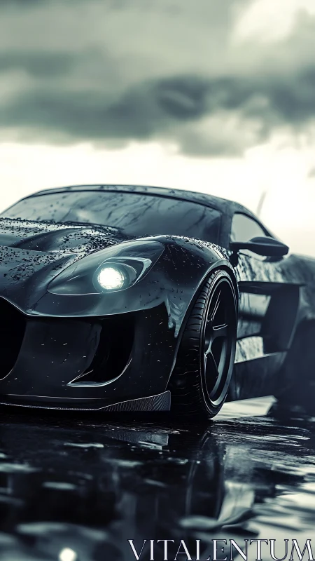 Stormlit obsidian supercar crouches on rain-slick asphalt.