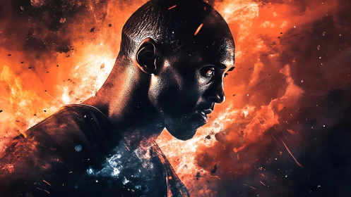 Digital portrait silhouette in explosive dual-color nebula.