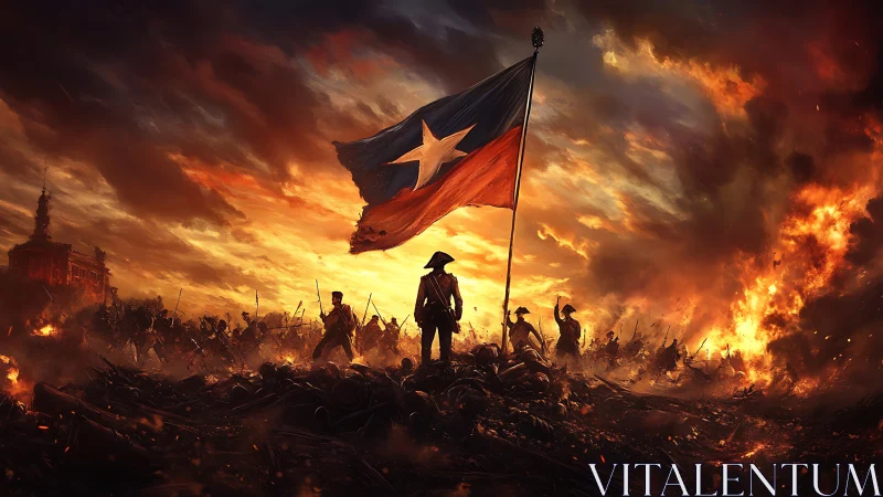 Revolutionary forces rally around flag amid burning cityscape