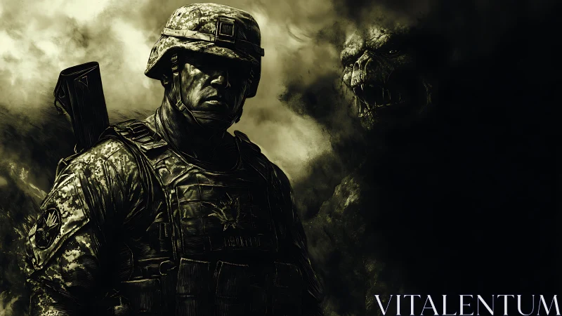 Battle-ready soldier faces looming dark monster threat.