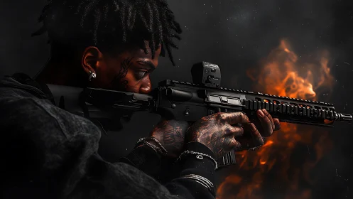 Tattooed shooter aiming rifle before blazing firestorm.
