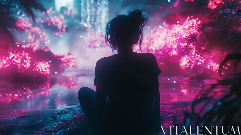 Silhouetted dreamer gazes across neon-lit fantasy lagoon.