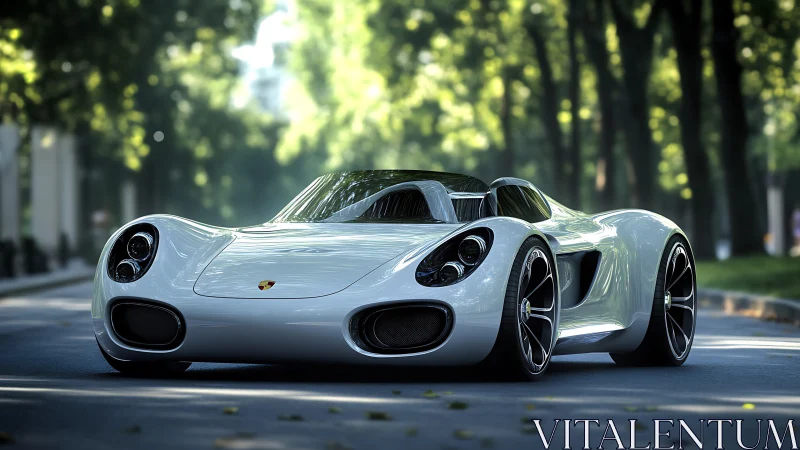 Sleek white roadster under lush tree-lined boulevard light.