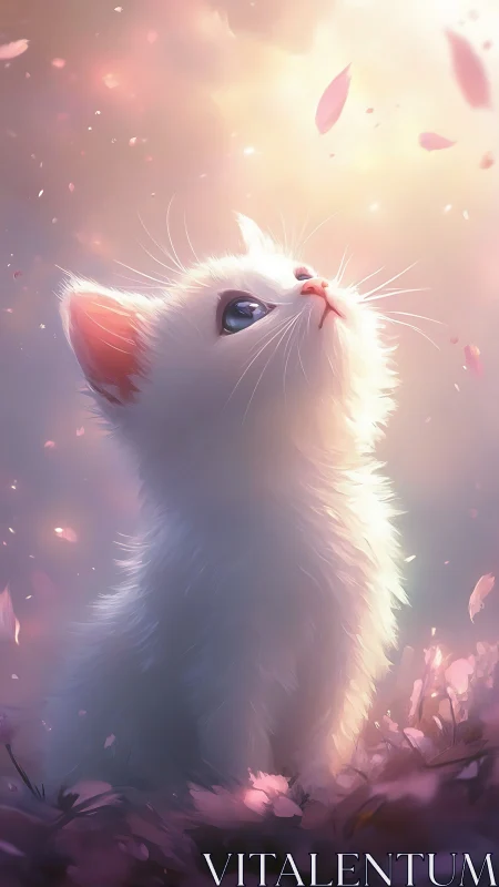 Ethereal White Cat with Pink Petals: Soft Surreal Portrait.