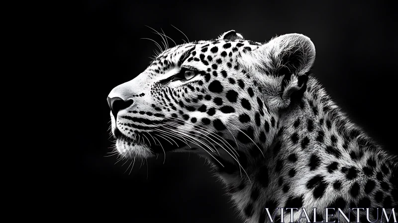 Monochrome leopard profile in high-contrast photorealistic portrait.