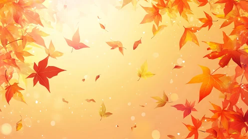 Bright autumn maple leaves swirling on warm sky background.